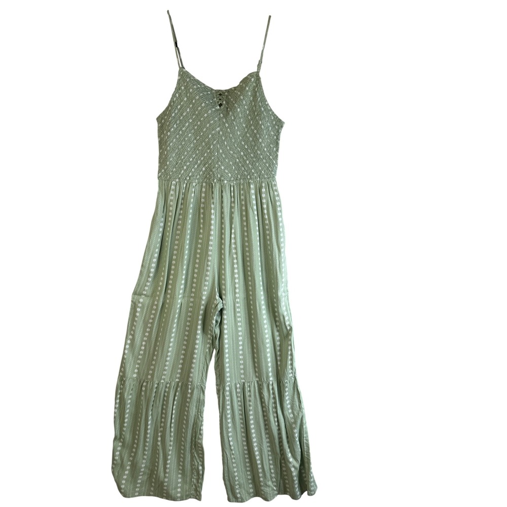 Japna Womens Sage Green Floral Stripe Smocked Wide Leg Jumpsuit Size L Boho